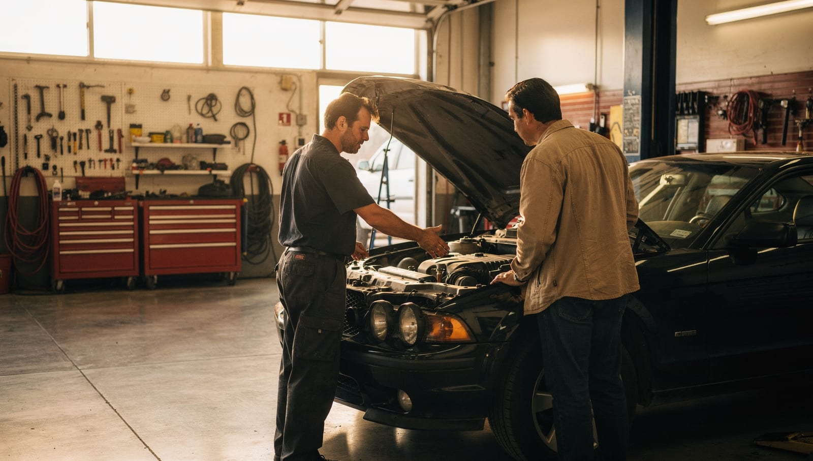 A mechanic showing a customer what he found under the hood before starting any work