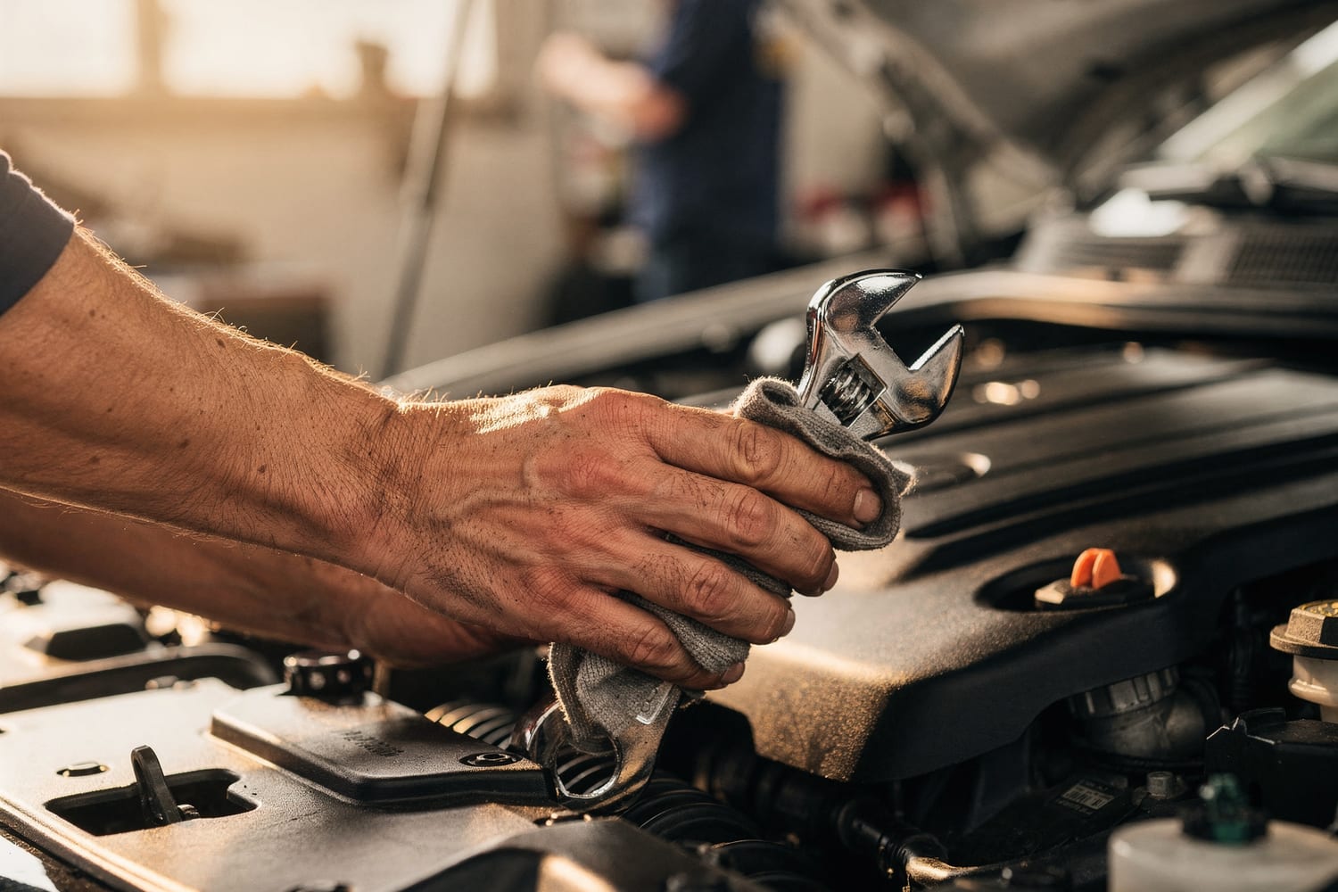 A mechanic's hands wiping down a wrench over an open engine
