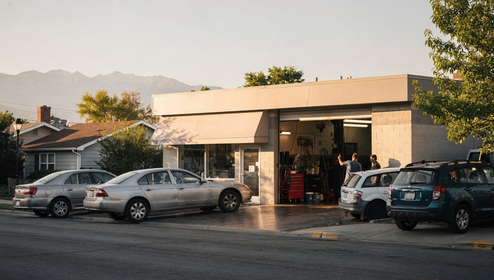 Ernie's Auto Services, a neighborhood shop on a quiet Denver street with the Front Range beyond